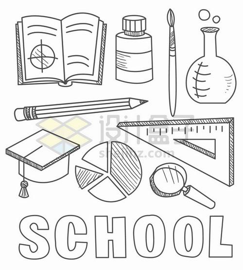 帽三角尺放大鏡等學(xué)習(xí)用品簡(jiǎn)筆畫(huà)png圖片免摳矢量素材 教育文化-第1張